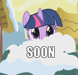 Size: 752x718 | Tagged: safe, edit, edited screencap, screencap, twilight sparkle, g4, winter wrap up, bush, cropped, female, image macro, impact font, looking at you, meme, snow, solo, soon