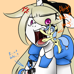 Size: 1200x1200 | Tagged: safe, artist:fullmetalpikmin, oc, oc only, oc:cherry blossom, oc:mal, oc:viewing pleasure, pony, unicorn, alice in wonderland, camera, cross-popping veins, dialogue, drool, imminent vore, macro, open mouth, tongue out