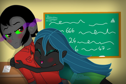 Size: 1500x1000 | Tagged: safe, artist:terezas474747, king sombra, queen chrysalis, equestria girls, g4, blushing, chalkboard, equestria girls-ified, female, glomp, happy, hug, male, ship:chrysombra, shipping, straight