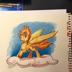 Size: 1280x1280 | Tagged: safe, artist:tsitra360, spitfire, pegasus, pony, g4, cloud, female, goggles, grin, mare, raised hoof, solo, traditional art