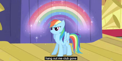 Size: 1366x690 | Tagged: safe, screencap, rainbow dash, boast busters, g4, my little pony: friendship is magic, meme, needs more jpeg, rainbow, wat, youtube caption