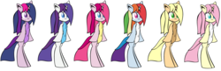 Size: 1721x555 | Tagged: safe, artist:ikuntyphoon, applejack, fluttershy, pinkie pie, rainbow dash, rarity, twilight sparkle, pony, unicorn, g4, bipedal, mane six, pinkamena diane pie, recolor