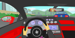 Size: 2200x1120 | Tagged: safe, artist:algoorthviking, rainbow dash, sunset shimmer, equestria girls, g4, car, cockpit, ford, ford mustang, lamborghini, lamborghini gallardo, offscreen character, pov, racing, rear view, top gear