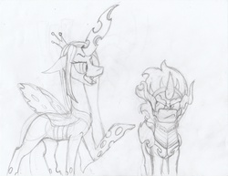 Size: 3300x2550 | Tagged: dead source, safe, artist:gerbsterpers, king sombra, queen chrysalis, alicorn, changeling, changeling queen, pony, g4, annoyed, female, high res, lineart, monochrome, open mouth, smiling, sombra eyes, traditional art