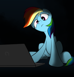 Size: 2000x2086 | Tagged: safe, artist:narbarnar, rainbow dash, pegasus, pony, g4, computer, confused, female, head tilt, high res, huh, laptop computer, looking at something, mane, mare, sitting, solo, tail