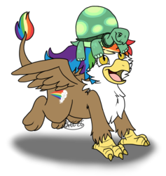 Size: 826x870 | Tagged: safe, artist:breezepleeze, tank, oc, oc:rainbow feather, griffon, tortoise, g4, cute, duo, happy, interspecies offspring, magical lesbian spawn, offspring, open mouth, parent:gilda, parent:rainbow dash, parents:gildash, pet, running, shadow, simple background, smiling, spread wings, transparent background