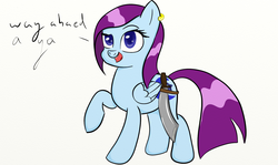 Size: 1440x860 | Tagged: safe, artist:ask-auroramystery, oc, oc only, oc:aurora mystery, looking at you, open mouth, pirate, raised eyebrow, raised hoof, reply, smiling, solo, sword, weapon