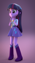 Size: 1080x1920 | Tagged: safe, artist:3d thread, artist:creatorofpony, rarity, twilight sparkle, equestria girls, g4, 3d, 3d model, blender, boots, bracelet, clothes, clothes swap, female, jewelry, rarity's skirt, shirt, skirt, smiling, solo, teenager, top