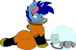 Size: 1280x836 | Tagged: safe, artist:forgotten-remnant, oc, oc only, oc:ryo, pony, unicorn, boots, hazmat suit, helmet, lying down