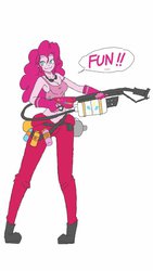 Size: 600x1067 | Tagged: safe, artist:miracle32, pinkie pie, equestria girls, g4, female, flamethrower, solo, weapon