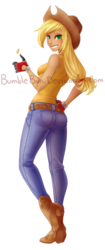Size: 501x1190 | Tagged: safe, artist:bumblebun, applejack, human, g4, boots, clothes, coin, female, humanized, jeans, shirt, solo, watermark