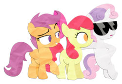 Size: 1743x1209 | Tagged: safe, artist:narflarg, apple bloom, scootaloo, sweetie belle, earth pony, pony, g4, bipedal, cutie mark crusaders, sunglasses