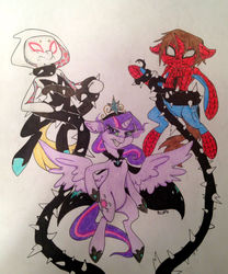 Size: 1144x1375 | Tagged: safe, artist:ameliacostanza, twilight sparkle, oc, oc:twivine sparkle, alicorn, pony, spiders and magic: rise of spider-mane, g4, black vine, corrupted, crossover, female, gwen stacy, male, mare, marvel, peter parker, sombra eyes, spider-gwen, spider-man, spider-woman, spiders and magic iv: the fall of spider-mane, spidertwi, traditional art, twilight sparkle (alicorn), vine