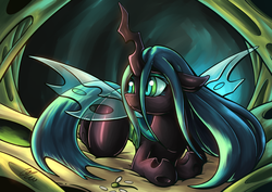 Size: 2046x1447 | Tagged: dead source, safe, artist:lovelyneckbeard, queen chrysalis, g4, cave, female, flower, prone, sad, solo