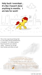 Size: 1259x2236 | Tagged: safe, artist:chunky soup, oc, oc only, oc:chunky soup, earth pony, pony, canterlot, chubby, comic, late, long house dining hall, longhouse, male, out of shape, stallion, work