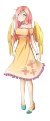 Size: 585x1391 | Tagged: safe, artist:tsuukiusa, fluttershy, human, g4, clothes, dress, eared humanization, female, humanized, solo, winged humanization