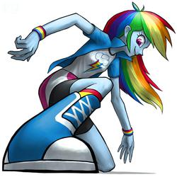 Size: 1024x1024 | Tagged: safe, artist:murskme, rainbow dash, equestria girls, g4, arms, bending, boots, breasts, bust, clothes, collar, female, fingers, hand, happy, legs, long hair, perspective, shirt, shoes, short sleeves, skirt, smiling, socks, solo, t-shirt, teenager, teeth, wristband