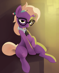 Size: 3500x4302 | Tagged: safe, artist:dimfann, grace manewitz, pony, g4, adorkable, cute, dork, female, glasses, high res, mare, pencil, seductive look, sitting, smiling, solo