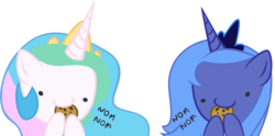 Size: 1600x795 | Tagged: dead source, safe, artist:lordcolgate15, princess celestia, princess luna, alicorn, pony, g4, artifact, beady eyes, chibi, cookie, crown, female, jewelry, nom, regalia, royal sisters, s1 luna, siblings, simple background, sisters, transparent background