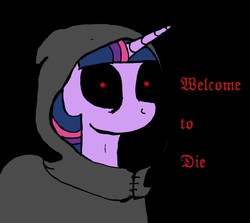 Size: 828x740 | Tagged: safe, artist:paskanaakka, derpibooru exclusive, twilight sparkle, g4, creepypasta, female, solo, spoopy, text, welcome to die, zalgo