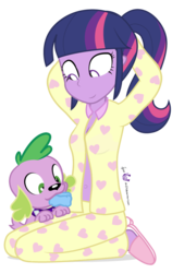 Size: 570x900 | Tagged: safe, artist:dm29, spike, twilight sparkle, dog, equestria girls, g4, belly button, clothes, duo, mouth hold, pajamas, ponytail, scrunchie, simple background, spike the dog, transparent background