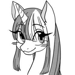 Size: 600x600 | Tagged: safe, artist:homeya, oc, oc only, pony, unicorn, bangs, blushing, bust, cute, female, grayscale, hair over eyes, hime cut, looking sideways, monochrome, portrait, simple background, smiling, solo