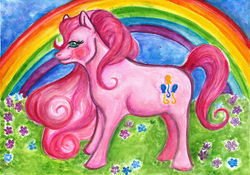 Size: 3451x2421 | Tagged: safe, artist:magizoom, pinkie pie, g4, female, flower, high res, rainbow, solo, traditional art