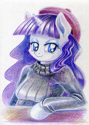 Size: 600x839 | Tagged: safe, artist:maytee, rarity, anthro, g4, arm hooves, beatnik rarity, beret, clothes, female, hat, solo, traditional art
