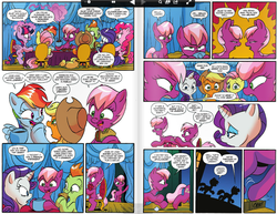 Size: 1046x808 | Tagged: safe, idw, applejack, cheerilee, cherry blossom (g4), cloverleaf, fluttershy, pinkie pie, rainbow dash, rarity, twilight sparkle, alicorn, pony, g4, spoiler:comic, spoiler:comic29, female, idw advertisement, mane six, mare, preview, sisters, stare down, twilight sparkle (alicorn), twins
