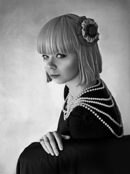Size: 2334x3145 | Tagged: safe, artist:sewingintherain, coco pommel, human, g4, black and white, cosplay, grayscale, high res, irl, irl human, photo, photography, portrait, solo