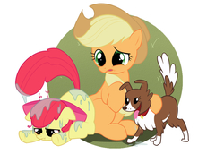 Size: 1450x1000 | Tagged: safe, artist:zigrock, apple bloom, applejack, winona, dog, earth pony, pony, g4, drool, female, filly, messy, miserable, pixiv, raised tail, tail
