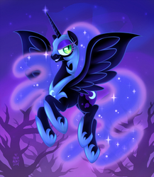 Size: 866x1000 | Tagged: safe, artist:onnanoko, nightmare moon, alicorn, pony, g4, dead tree, female, flying, mare, night, signature, smiling, solo, tree, wrong eye color