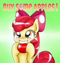 Size: 1520x1590 | Tagged: safe, artist:lielie, apple bloom, g4, adorabloom, apple, buy some apples, cute, female, grin, pixiv, solo