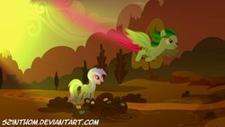 Size: 1920x1082 | Tagged: safe, artist:szinthom, lyra heartstrings, oc, oc:rico, pegasus, pony, g4, flying, motion blur, open mouth, sepia, smiling, smirk, spread wings, sun, sunset, watching