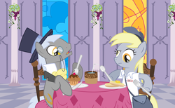 Size: 3363x2066 | Tagged: safe, artist:trotsworth, caesar, count caesar, derpy hooves, pegasus, pony, g4, bag, breakfast, clothes, dexterous hooves, english muffin, female, hat, high res, mail, mare, muffin, sitting, table