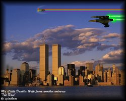 Size: 1920x1536 | Tagged: safe, artist:szinthom, rainbow dash, fanfic:my little dashie, g4, 9/11, 9/11 joke, bussard, flying, manhattan, my little dashie 2, new york city, rainbow trail, skyline, speed trail, teladi bussard, titanic, twin towers, world trade center, x2 the threat