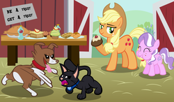 Size: 1000x584 | Tagged: safe, artist:magerblutooth, applejack, diamond tiara, winona, oc, oc:dazzle, cat, dog, g4, apple pie, barn, chase, collar, dessert, eating, pet, sweet apple acres, table