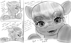 Size: 1212x742 | Tagged: safe, artist:alloyrabbit, silver spoon, pony, g4, giant pony, implied vore, looking at you, macro, micro, monochrome, offscreen character, open mouth, pov