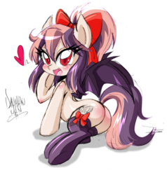 Size: 976x1025 | Tagged: safe, artist:danmakuman, oc, oc only, oc:sweet velvet, bat pony, pony, bow, butt, clothes, colored sketch, hair bow, heart, high ponytail, plot, ponytail, sitting, sketch, smiling, solo, stockings