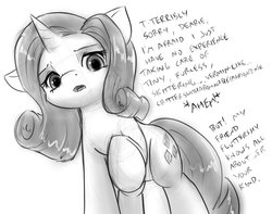 Size: 816x644 | Tagged: safe, artist:alloyrabbit, rarity, g4, looking at you, micro, monochrome, offscreen character, pov, raised hoof