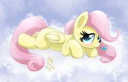 Size: 1400x900 | Tagged: safe, artist:joakaha, fluttershy, g4, female, filly, looking at you, prone, solo