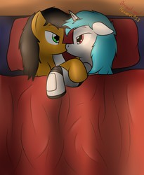 Size: 1051x1280 | Tagged: safe, artist:the-furry-railfan, oc, oc only, oc:minty candy, oc:twintails, cyborg, pegasus, pony, unicorn, fallout equestria, fallout equestria: occupational hazards, bed, gay, in bed, kissing, male, story