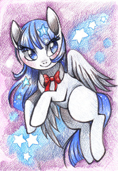 Size: 693x1000 | Tagged: safe, artist:paulina-ap, oc, oc only, pegasus, pony, blushing, bow, solo, stars