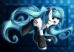 Size: 986x697 | Tagged: safe, artist:secret-pony, pony, :d, clothes, hatsune miku, open mouth, pigtails, ponified, smiling, socks, solo, vocaloid