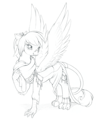 Size: 3448x4413 | Tagged: safe, artist:longinius, oc, oc only, oc:rainbow feather, griffon, bow, clothes, cold, dress, gala dress, grayscale, hair bow, interspecies offspring, jewelry, lineart, monochrome, offspring, parent:gilda, parent:rainbow dash, parents:gildash, scarf, solo