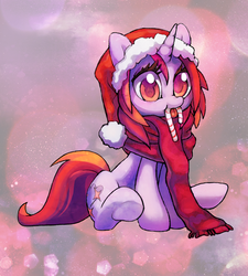Size: 1889x2097 | Tagged: safe, artist:dawnfire, oc, oc only, oc:dawnfire, pony, unicorn, candy, candy cane, clothes, colored pupils, cute, food, hat, looking at you, mouth hold, nom, ocbetes, santa hat, scarf, sitting, solo, underhoof, weapons-grade cute
