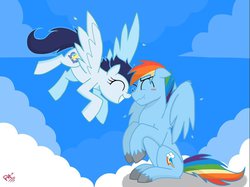 Size: 1024x764 | Tagged: safe, artist:pimpartist101, rainbow dash, soarin', g4, blushing, boop, female, glide, male, rainbow blitz, rule 63, ship:glideblitz, ship:soarindash, shipping, straight, unshorn fetlocks