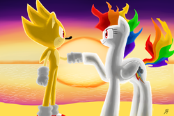 Size: 3000x2000 | Tagged: safe, artist:megaartist923, rainbow dash, g4, beach, brofist, crossover, high res, hoofbump, male, sonic the hedgehog, sonic the hedgehog (series), sunset, super rainbow dash, super sonic