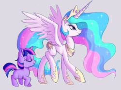 Size: 4803x3602 | Tagged: safe, artist:shira-hedgie, princess celestia, twilight sparkle, g4, blank flank, eyes closed, filly, filly twilight sparkle, simple background, spread wings