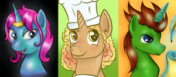 Size: 1280x559 | Tagged: safe, artist:cwossie, oc, oc only, oc:fluffinghead, oc:hexagon mane, oc:nirual, pony, unicorn, portrait